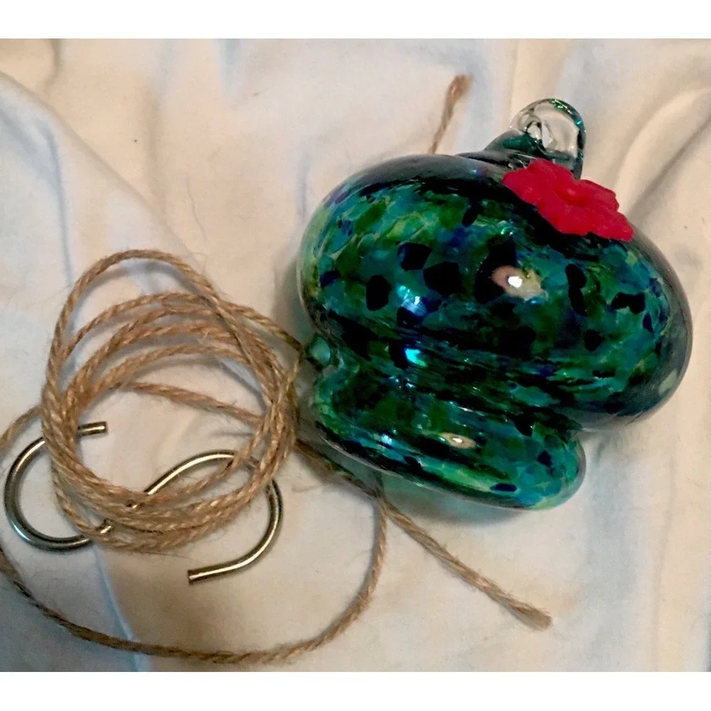 Blue and Green Speckled Hand‎ Blown Art Glass Hummingbird Nectar Feeder & Hanger